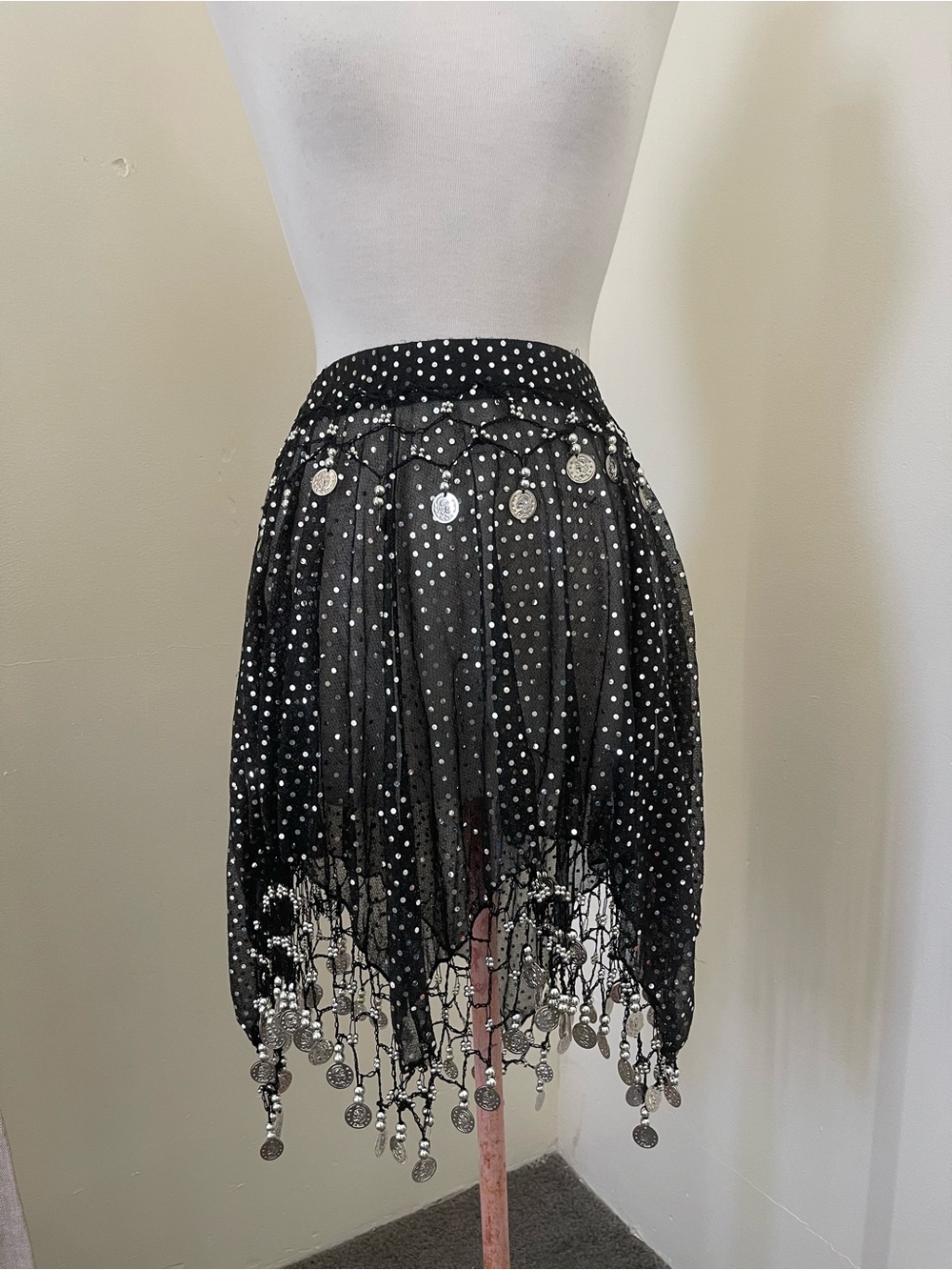 Black Sheer Polka Dot Fringe A-Line Skirt with Coin Trim